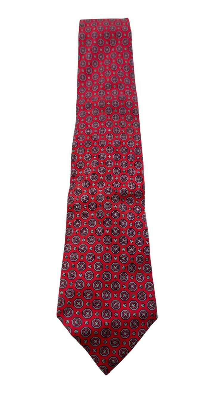 Christopher Hayes Red Silk Necktie Geometric Medallion Pattern Italy